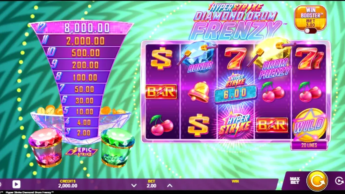Tampilan visual slot Hyper Strike Diamond Drum Frenzy dengan nuansa neon retro