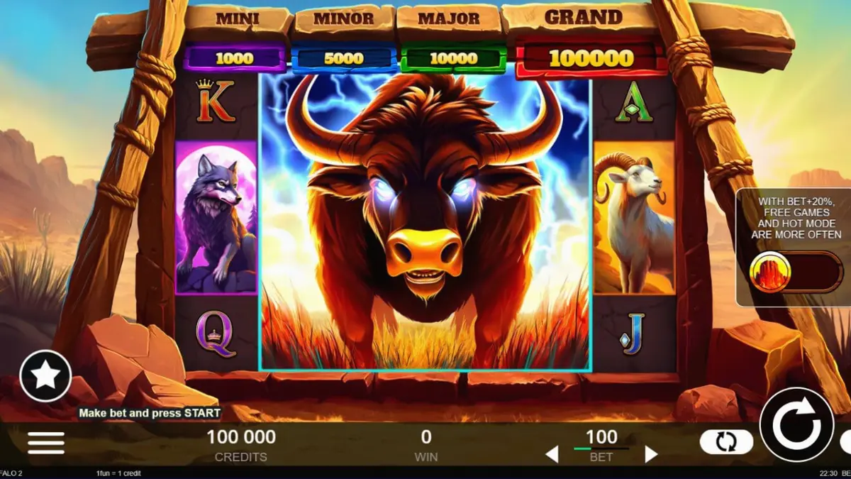 Tampilan visual slot Big Wild Buffalo 2 dengan latar belakang pemandangan alam liar Amerika