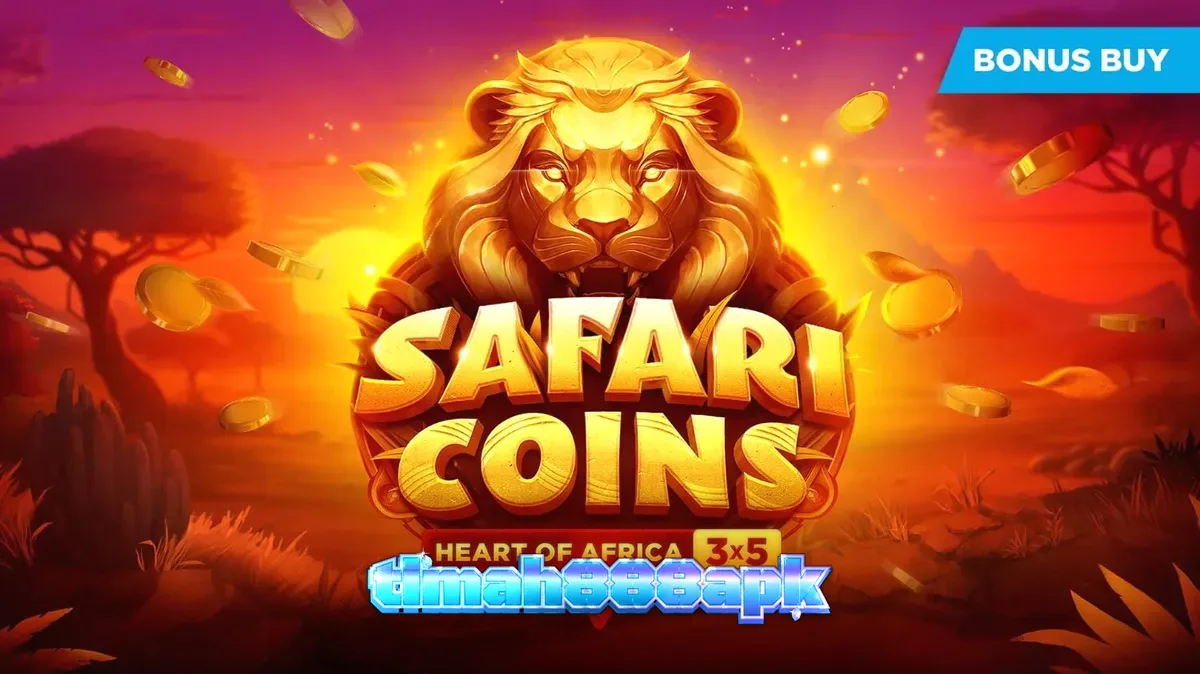 Pemandangan visual slot Safari Coins dengan tema savana Afrika